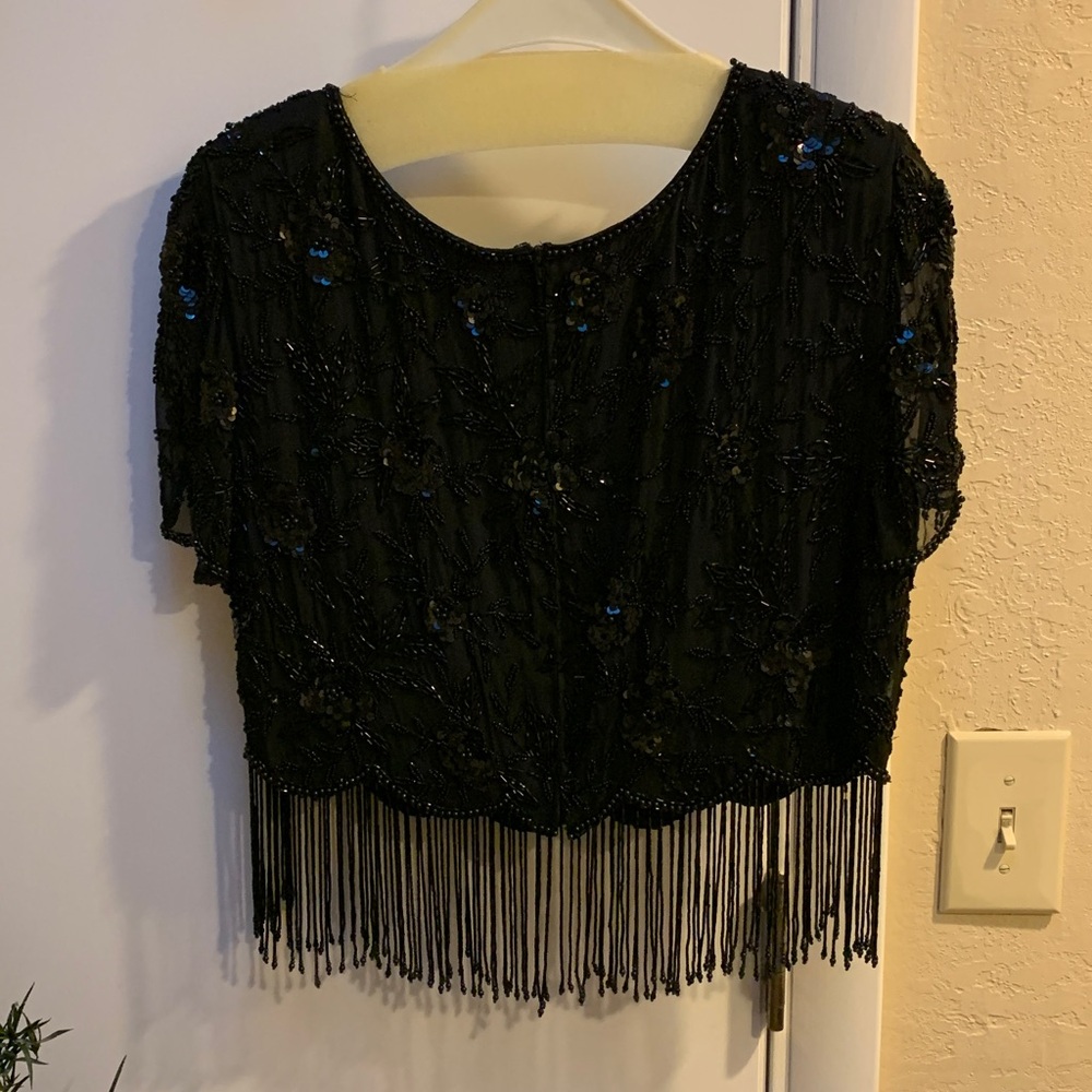 Oleg Cassini Black Beaded Crop Top with Fringe - Picture 5 of 7